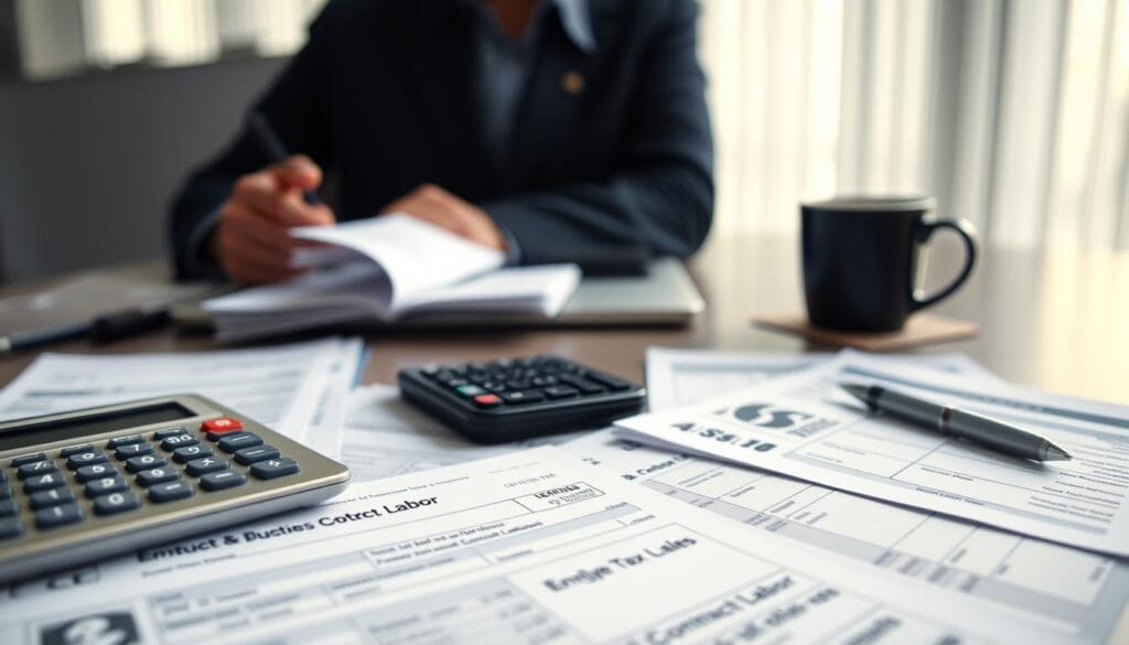A corporate office setting with a focused view on a desk displaying employee payslips, pay stubs, and tax forms. The foreground features a calculator, pen, and a stack of documents, conveying the task of calculating and deducting salaries and contract labor costs. The middle ground shows a laptop and a mug of coffee, suggesting an efficient, analytical workflow. The background is slightly blurred, creating a sense of depth and emphasizing the financial documentation in the center. The lighting is soft and indirect, creating a professional, serious atmosphere suitable for a small business tax planning discussion. A corporate office setting with a focused view on a desk displaying employee payslips, pay stubs, and tax forms. The foreground features a calculator, pen, and a stack of documents, conveying the task of calculating and deducting salaries and contract labor costs. The middle ground shows a laptop and a mug of coffee, suggesting an efficient, analytical workflow. The background is slightly blurred, creating a sense of depth and emphasizing the financial documentation in the center. The lighting is soft and indirect, creating a professional, serious atmosphere suitable for a small business tax planning discussion.