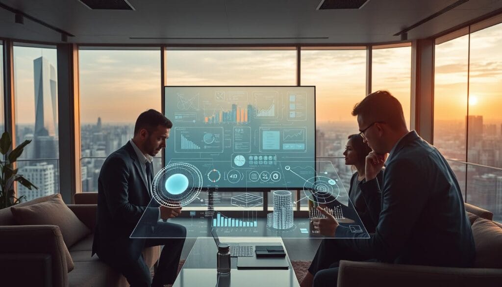 A corporate office space with sleek, modern furnishings. In the foreground, a team of data analysts poring over holographic displays showcasing intricate AI data models, their expressions focused and thoughtful. The middle ground features a large interactive whiteboard adorned with complex algorithms and data visualizations. In the background, floor-to-ceiling windows offer a panoramic view of a bustling city skyline, bathed in the warm glow of the setting sun. The lighting is soft and diffused, creating a contemplative atmosphere as the team collaborates on optimizing AI-driven investment strategies. The camera angle is slightly elevated, conveying a sense of authority and professionalism. A corporate office space with sleek, modern furnishings. In the foreground, a team of data analysts poring over holographic displays showcasing intricate AI data models, their expressions focused and thoughtful. The middle ground features a large interactive whiteboard adorned with complex algorithms and data visualizations. In the background, floor-to-ceiling windows offer a panoramic view of a bustling city skyline, bathed in the warm glow of the setting sun. The lighting is soft and diffused, creating a contemplative atmosphere as the team collaborates on optimizing AI-driven investment strategies. The camera angle is slightly elevated, conveying a sense of authority and professionalism.