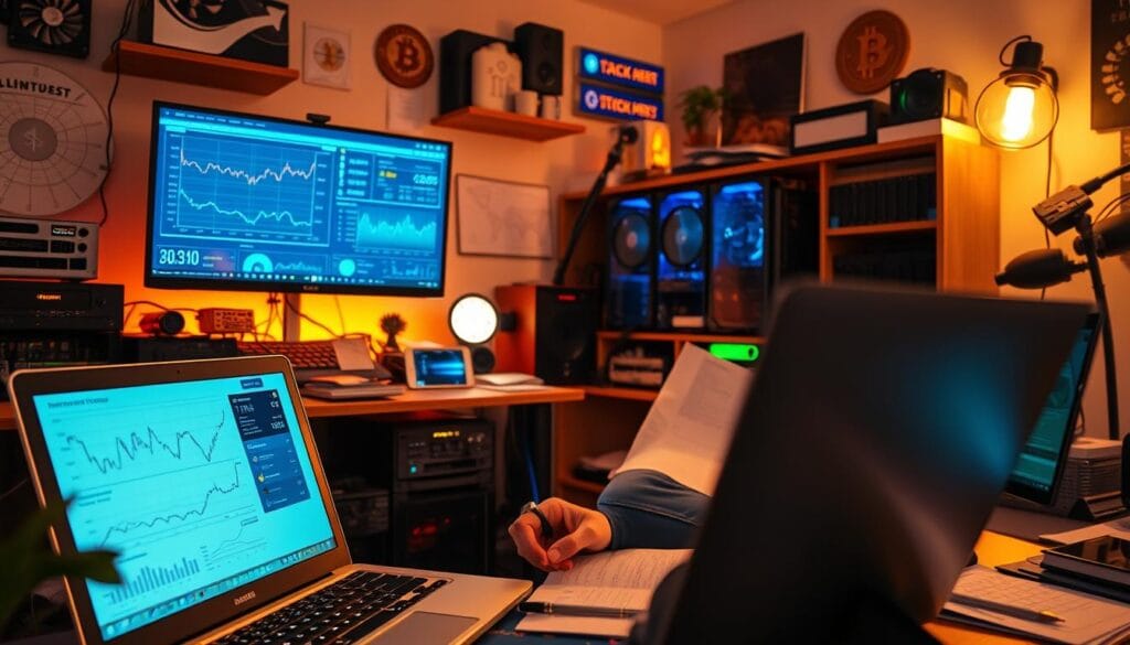 A cozy home office filled with computer equipment, cryptocurrency wallets, and financial documents. In the foreground, a person intently reviewing transaction records on a laptop screen, surrounded by charts, graphs, and digital currency symbols. The middle ground showcases mining rigs, hardware wallets, and a cryptocurrency ticker display. The background features a warm, softly-lit environment with a sense of focus and organization, hinting at the attention to detail required for crypto income tracking. The overall mood is one of control, analysis, and financial responsibility.