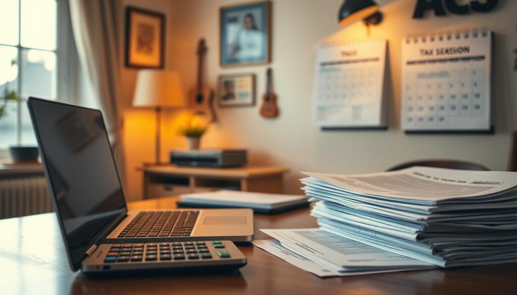A cozy home office with a warm, golden lighting filtering through the window. On the desk, a laptop, a calculator, and a stack of documents representing tax forms and deadlines. In the background, a calendar on the wall highlights the approaching tax season. The atmosphere is one of focused diligence, with a touch of anxiety as the deadline looms. The scene conveys the careful attention to detail and meticulous organization required to ensure tax compliance for a small business. A cozy home office with a warm, golden lighting filtering through the window. On the desk, a laptop, a calculator, and a stack of documents representing tax forms and deadlines. In the background, a calendar on the wall highlights the approaching tax season. The atmosphere is one of focused diligence, with a touch of anxiety as the deadline looms. The scene conveys the careful attention to detail and meticulous organization required to ensure tax compliance for a small business.