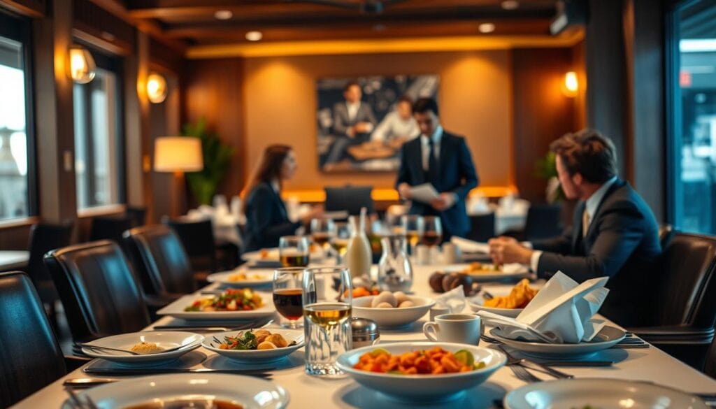 A cozy restaurant interior, with a table set for a business meeting. In the foreground, various dishes, drinks, and cutlery are arranged meticulously, hinting at a sumptuous meal. The middle ground features two professionals in suits, engaged in a lively discussion, papers and laptops on the table before them. The background is softly lit, with warm tones and a subtle blur, creating an atmosphere of productivity and collaboration. The scene conveys the concept of "Business Meals and Entertainment Deductions" - a strategic, yet relaxed setting where deals are made and relationships are forged, all while exploring the tax-saving potential of such expenses. A cozy restaurant interior, with a table set for a business meeting. In the foreground, various dishes, drinks, and cutlery are arranged meticulously, hinting at a sumptuous meal. The middle ground features two professionals in suits, engaged in a lively discussion, papers and laptops on the table before them. The background is softly lit, with warm tones and a subtle blur, creating an atmosphere of productivity and collaboration. The scene conveys the concept of "Business Meals and Entertainment Deductions" - a strategic, yet relaxed setting where deals are made and relationships are forged, all while exploring the tax-saving potential of such expenses.