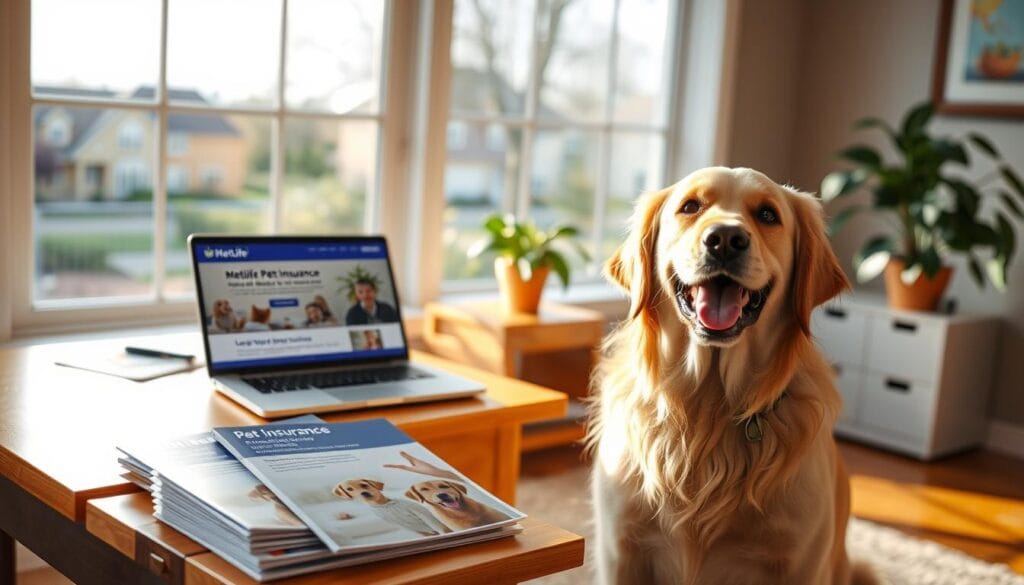 A cozy, well-lit office interior with a wooden desk, a potted plant, and a laptop displaying MetLife's pet insurance website. In the foreground, a happy, playful golden retriever sits beside a stack of pet insurance brochures, its warm gaze inviting the viewer to learn more about MetLife's pet coverage options and discounts. The background features a large window overlooking a scenic suburban neighborhood, bathed in soft, natural lighting that creates a calming, inviting atmosphere. The overall scene conveys a sense of trust, reliability, and dedication to providing pet owners with convenient, affordable pet insurance solutions. A cozy, well-lit office interior with a wooden desk, a potted plant, and a laptop displaying MetLife's pet insurance website. In the foreground, a happy, playful golden retriever sits beside a stack of pet insurance brochures, its warm gaze inviting the viewer to learn more about MetLife's pet coverage options and discounts. The background features a large window overlooking a scenic suburban neighborhood, bathed in soft, natural lighting that creates a calming, inviting atmosphere. The overall scene conveys a sense of trust, reliability, and dedication to providing pet owners with convenient, affordable pet insurance solutions.