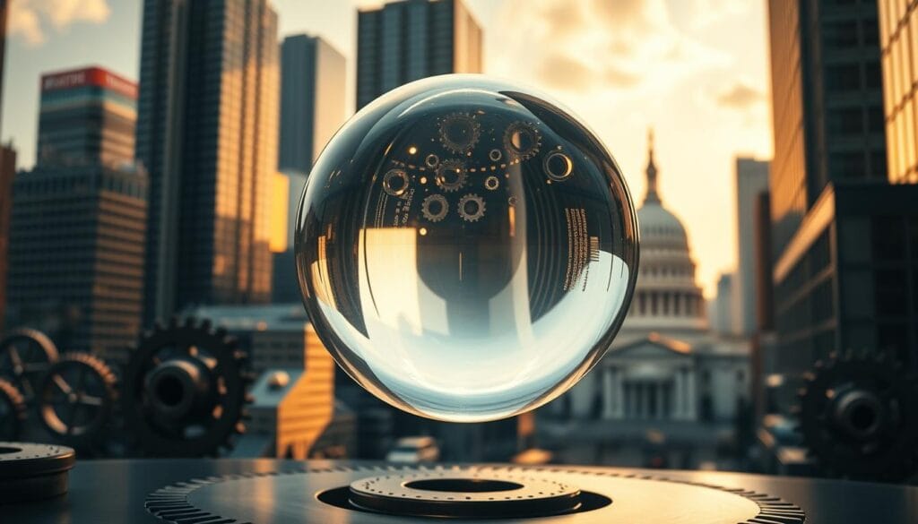 A crystal-clear glass sphere hovers in the center, representing the transparent and decentralized nature of cryptocurrency. Around it, gears and cogs symbolize the complex regulatory mechanisms governing the digital asset ecosystem. In the background, a cityscape with towering skyscrapers and government buildings conveys the intersection of finance, technology, and policymaking. Warm, golden lighting casts a sense of optimism, while subtle shadows suggest the cautious, deliberative approach to cryptocurrency regulation. The overall composition evokes a balanced, forward-looking perspective on the evolving regulatory landscape and its impact on the future of digital currencies.