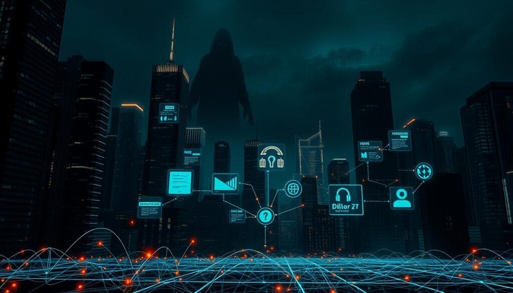 A dark and ominous cityscape at night, with towering skyscrapers and a network of glowing digital infrastructure. In the foreground, a network of digital tendrils and glowing code fragments symbolize the intricate web of cyber threats. The middle ground features a series of holographic threat vectors, including data breach symbols, ransomware icons, and DDoS attack visualizations, all converging on a central focal point. The background is dominated by a looming, ghostly presence, representing the ever-evolving nature of cyber attacks. The lighting is dramatic, with a combination of harsh, neon-like illumination and deep, shadowy areas, creating a sense of tension and unease. The overall atmosphere is one of impending danger and the constant battle against the growing cyber threat landscape.