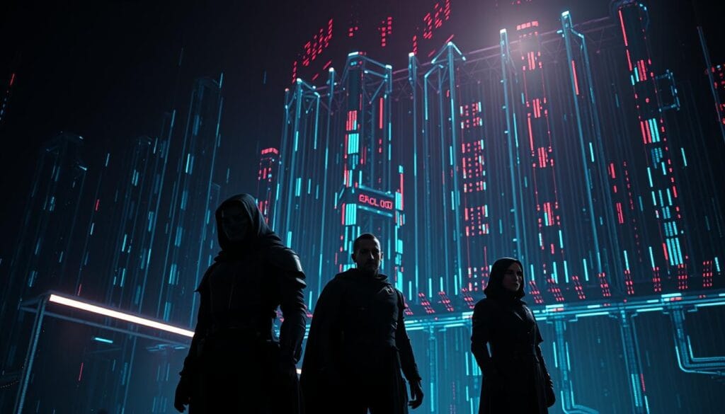 A dark and ominous cyberpunk scene, with a looming data network in the background, glowing with pulsing digital energy. In the foreground, a trio of figures representing the key factors of cyber risk management - data security, threat analysis, and risk mitigation - stand vigilant, their expressions steely and resolute. Dramatic chiaroscuro lighting casts sharp shadows, emphasizing the high-stakes nature of their work. The scene is captured with a wide-angle lens, heightening the sense of scale and grandiosity of the subject matter. An atmosphere of technological wonder and impending digital peril pervades the image. A dark and ominous cyberpunk scene, with a looming data network in the background, glowing with pulsing digital energy. In the foreground, a trio of figures representing the key factors of cyber risk management - data security, threat analysis, and risk mitigation - stand vigilant, their expressions steely and resolute. Dramatic chiaroscuro lighting casts sharp shadows, emphasizing the high-stakes nature of their work. The scene is captured with a wide-angle lens, heightening the sense of scale and grandiosity of the subject matter. An atmosphere of technological wonder and impending digital peril pervades the image.