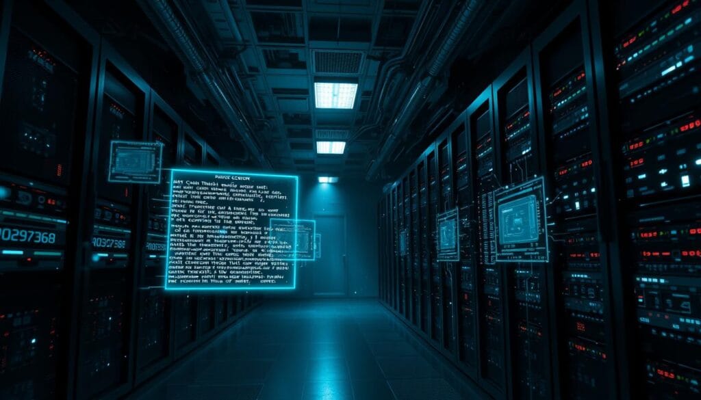 A dark, ominous data center with rows of server racks and blinking lights. In the foreground, a futuristic quantum computer with glowing circuits and floating holographic displays. Ghostly digital code streams and distorts, hinting at the vulnerabilities of encrypted data. Dramatic shadows cast by harsh overhead lighting, creating an atmosphere of tension and unease. The entire scene is bathed in an eerie blue-green glow, reflecting the ominous power of quantum computing's ability to crack even the most advanced cryptographic systems. Angles and compositions that emphasize the imposing scale and technical complexity of this emerging threat to digital security. A dark, ominous data center with rows of server racks and blinking lights. In the foreground, a futuristic quantum computer with glowing circuits and floating holographic displays. Ghostly digital code streams and distorts, hinting at the vulnerabilities of encrypted data. Dramatic shadows cast by harsh overhead lighting, creating an atmosphere of tension and unease. The entire scene is bathed in an eerie blue-green glow, reflecting the ominous power of quantum computing's ability to crack even the most advanced cryptographic systems. Angles and compositions that emphasize the imposing scale and technical complexity of this emerging threat to digital security.