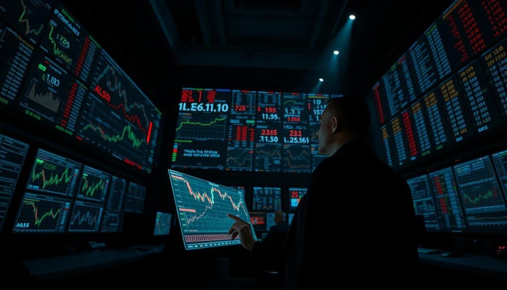 A dark trading floor at night, with a lone trader illuminated by a focused spotlight, closely examining a holographic display of shifting stock graphs and financial data. In the background, a towering wall of monitors displays various risk metrics, alert systems, and real-time market analysis. The atmosphere is tense and focused, conveying the high-stakes nature of modern algorithmic trading and the critical importance of effective risk management. The image is captured through a wide-angle lens, with dramatic chiaroscuro lighting and a sense of depth, drawing the viewer's eye to the central figure navigating the complex web of data and signals. A dark trading floor at night, with a lone trader illuminated by a focused spotlight, closely examining a holographic display of shifting stock graphs and financial data. In the background, a towering wall of monitors displays various risk metrics, alert systems, and real-time market analysis. The atmosphere is tense and focused, conveying the high-stakes nature of modern algorithmic trading and the critical importance of effective risk management. The image is captured through a wide-angle lens, with dramatic chiaroscuro lighting and a sense of depth, drawing the viewer's eye to the central figure navigating the complex web of data and signals.