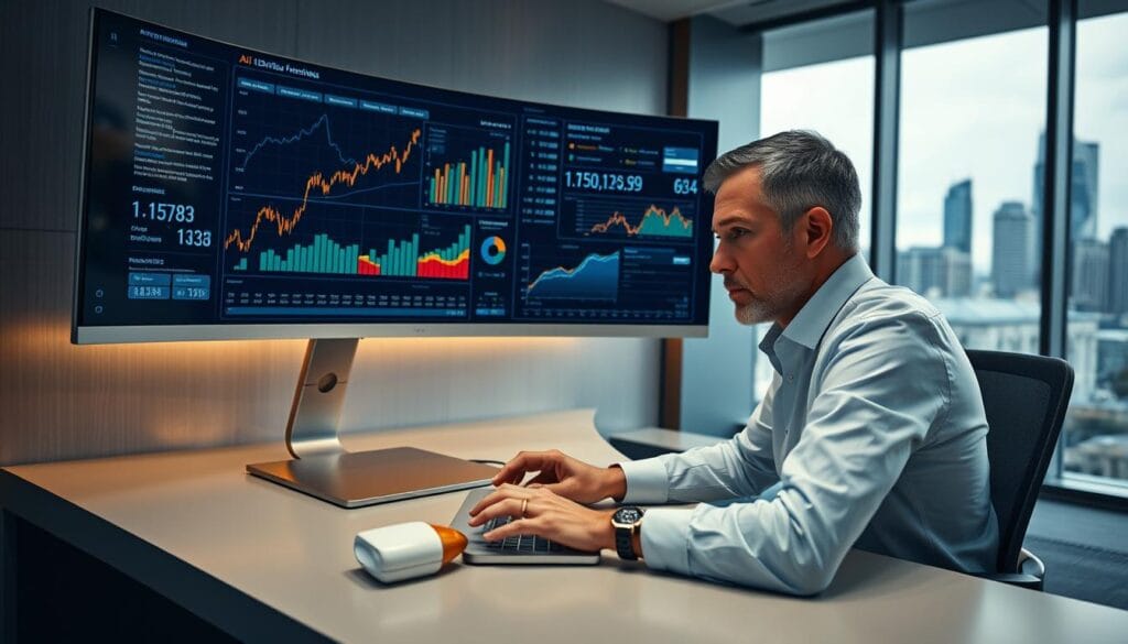 A data analyst in a sleek, modern office setting, intently studying financial reports and charts displayed on a large, curved ultrawide monitor. The workspace is minimalist and clean, with brushed metal accents and subdued lighting that casts a warm, focused glow. The analyst's expression is one of deep concentration, their fingers flying across a tactile keyboard as they manipulate the data, uncovering insights that will guide their client's financial strategy. In the background, a cityscape can be seen through floor-to-ceiling windows, hinting at the high-stakes world of global finance that this AI-powered analysis serves. A data analyst in a sleek, modern office setting, intently studying financial reports and charts displayed on a large, curved ultrawide monitor. The workspace is minimalist and clean, with brushed metal accents and subdued lighting that casts a warm, focused glow. The analyst's expression is one of deep concentration, their fingers flying across a tactile keyboard as they manipulate the data, uncovering insights that will guide their client's financial strategy. In the background, a cityscape can be seen through floor-to-ceiling windows, hinting at the high-stakes world of global finance that this AI-powered analysis serves.