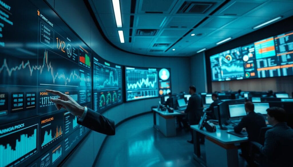 A data-driven control room with a wide array of interactive dashboards and analytics visualizations. In the foreground, a financial analyst in a tailored suit studies a large wall-mounted display, their fingers gliding across a touchscreen interface as they drill down into complex stock price trends and portfolio risk metrics. Overhead, the room is bathed in a soft, cool-toned lighting that accentuates the clean, modern aesthetic. In the background, rows of workstations occupied by teams of data scientists and quants, their faces illuminated by the glow of multiple screens as they harness the power of predictive algorithms to navigate the ever-changing investment landscape. A data-driven control room with a wide array of interactive dashboards and analytics visualizations. In the foreground, a financial analyst in a tailored suit studies a large wall-mounted display, their fingers gliding across a touchscreen interface as they drill down into complex stock price trends and portfolio risk metrics. Overhead, the room is bathed in a soft, cool-toned lighting that accentuates the clean, modern aesthetic. In the background, rows of workstations occupied by teams of data scientists and quants, their faces illuminated by the glow of multiple screens as they harness the power of predictive algorithms to navigate the ever-changing investment landscape.