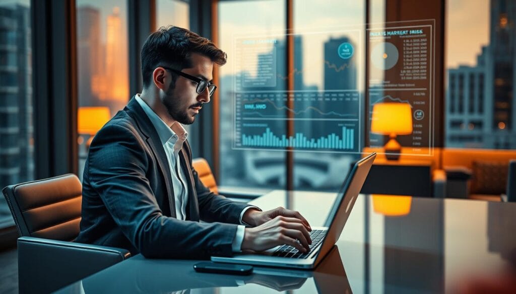 A data-driven financial analyst sits at a desk, focused on a laptop displaying complex financial models and charts. The office environment is modern, with sleek furniture and large windows overlooking a cityscape. Warm, directional lighting illuminates the scene, creating a contemplative atmosphere. The analyst's expression conveys a sense of analytical deliberation as they ponder investment strategies powered by advanced AI algorithms. In the background, a holographic display showcases real-time market data and risk assessment visualizations, reflecting the integration of AI-driven investment risk analysis. A data-driven financial analyst sits at a desk, focused on a laptop displaying complex financial models and charts. The office environment is modern, with sleek furniture and large windows overlooking a cityscape. Warm, directional lighting illuminates the scene, creating a contemplative atmosphere. The analyst's expression conveys a sense of analytical deliberation as they ponder investment strategies powered by advanced AI algorithms. In the background, a holographic display showcases real-time market data and risk assessment visualizations, reflecting the integration of AI-driven investment risk analysis.