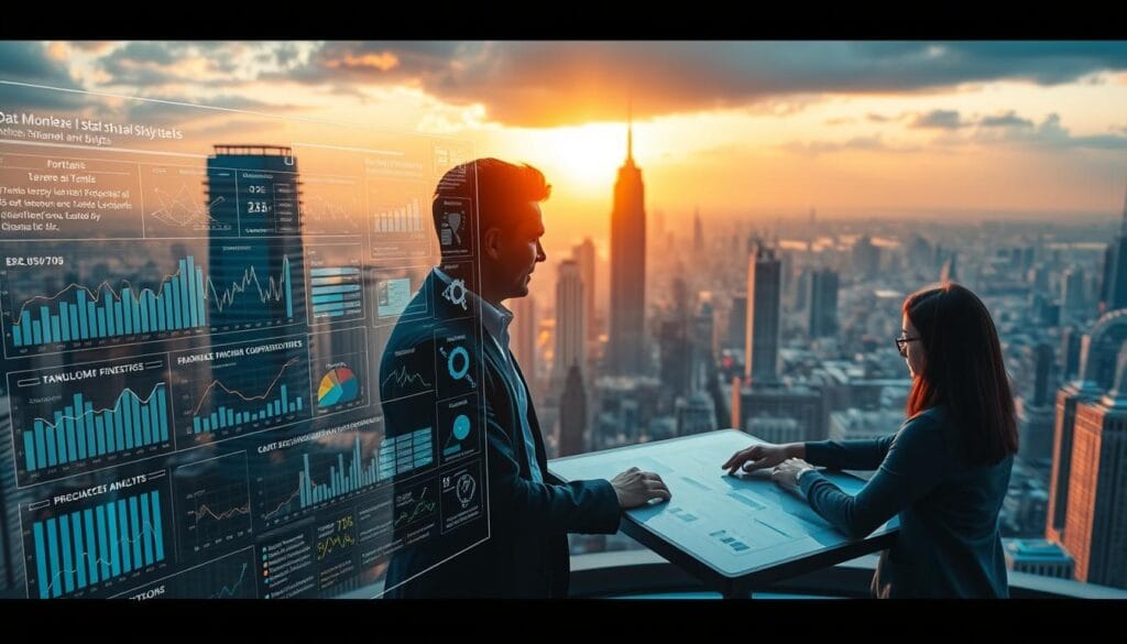 A data-driven financial forecast illuminates a futuristic cityscape, its skyscrapers gleaming under a warm, golden light. In the foreground, a holographic dashboard displays intricate charts, graphs, and predictive models, conveying the power of AI-driven financial analysis. The middle ground features a team of analysts collaborating around a sleek, touchscreen interface, their expressions focused as they interpret the data. In the background, a panoramic view of the city stretches out, hinting at the broader economic landscape that the forecasting models seek to navigate. The scene exudes a sense of technological sophistication, strategic foresight, and the fusion of human and artificial intelligence in the realm of financial planning and budgeting. A data-driven financial forecast illuminates a futuristic cityscape, its skyscrapers gleaming under a warm, golden light. In the foreground, a holographic dashboard displays intricate charts, graphs, and predictive models, conveying the power of AI-driven financial analysis. The middle ground features a team of analysts collaborating around a sleek, touchscreen interface, their expressions focused as they interpret the data. In the background, a panoramic view of the city stretches out, hinting at the broader economic landscape that the forecasting models seek to navigate. The scene exudes a sense of technological sophistication, strategic foresight, and the fusion of human and artificial intelligence in the realm of financial planning and budgeting.