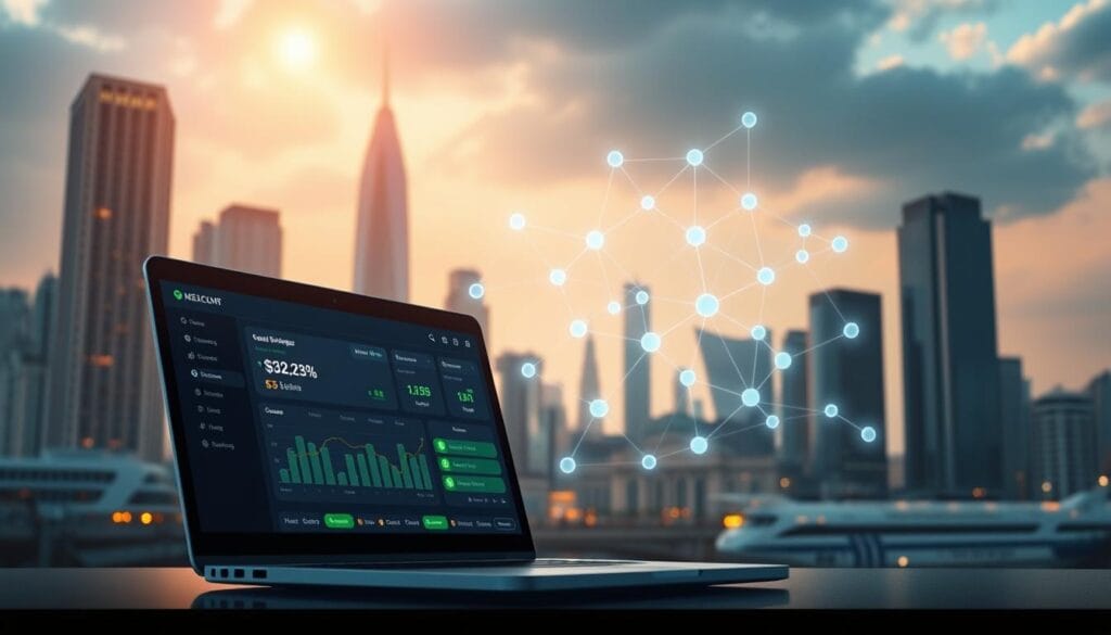 A decentralized financial management system with a blockchain-based architecture. In the foreground, a digital wallet interface on a laptop screen, showcasing secure transactions and real-time budget tracking. In the middle ground, a dynamic network of interconnected nodes, representing the distributed ledger and peer-to-peer nature of the platform. In the background, a cityscape with towering skyscrapers, symbolic of the global financial ecosystem. The scene is bathed in a warm, futuristic glow, conveying a sense of technological innovation and financial empowerment. The overall mood is one of efficiency, transparency, and user-centric control over personal finances.