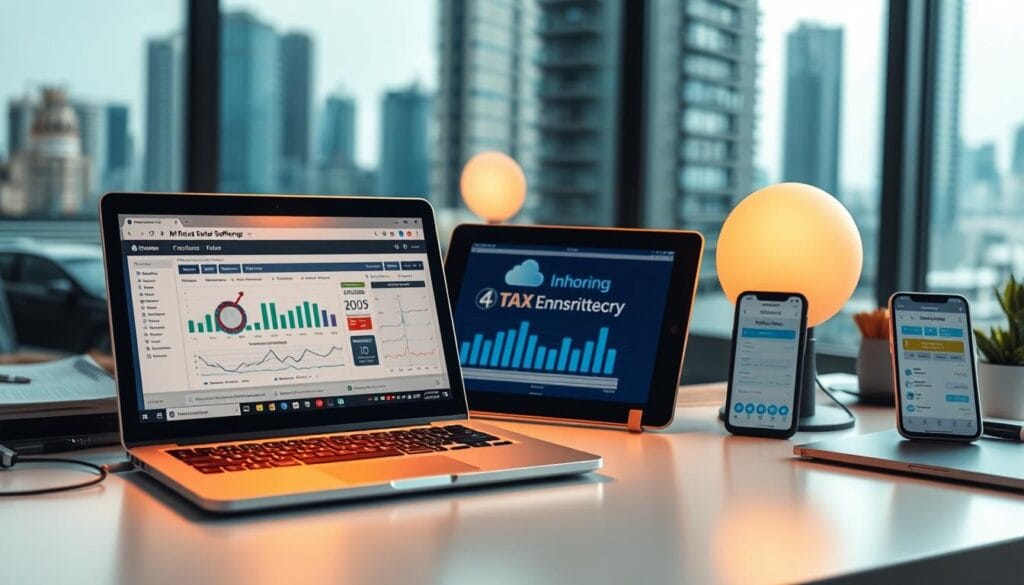 A desktop workspace filled with various financial software packages, each designed for specific business needs. In the foreground, a laptop displays a detailed tax planning interface, backlit by a warm, focused light. In the middle ground, a tablet showcases cloud-based accounting solutions, while a smartphone displays mobile invoicing apps. The background features a blurred cityscape, symbolizing the global reach of these specialized tax software tools. The scene conveys a sense of efficient, technology-driven tax management tailored to diverse small business requirements.