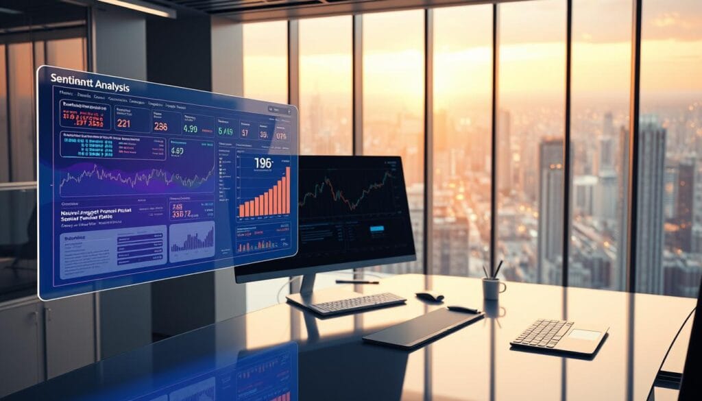 A detailed 3D-rendered scene of a financial data analysis dashboard, with a clean, modern interface showcasing natural language processing sentiment analysis of stock market trends. In the foreground, a floating holographic display presents colorful visualizations of financial data, with dynamic text and infographics. The middle ground features a sleek, minimalist workstation setup, with a large curved monitor, a keyboard, and a pen tablet. The background is a high-tech office environment, with floor-to-ceiling windows offering a panoramic view of a futuristic cityscape bathed in warm, soft lighting. The overall atmosphere conveys a sense of innovation, efficiency, and data-driven decision-making in the world of financial advisory. A detailed 3D-rendered scene of a financial data analysis dashboard, with a clean, modern interface showcasing natural language processing sentiment analysis of stock market trends. In the foreground, a floating holographic display presents colorful visualizations of financial data, with dynamic text and infographics. The middle ground features a sleek, minimalist workstation setup, with a large curved monitor, a keyboard, and a pen tablet. The background is a high-tech office environment, with floor-to-ceiling windows offering a panoramic view of a futuristic cityscape bathed in warm, soft lighting. The overall atmosphere conveys a sense of innovation, efficiency, and data-driven decision-making in the world of financial advisory.