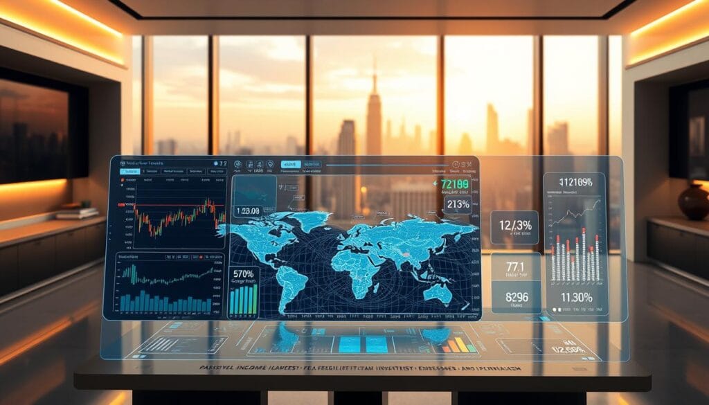 A detailed 3D rendering of a futuristic AI-powered stock trading dashboard, set against a sleek and minimalist office interior. In the foreground, a holographic interface displays real-time stock charts, pricing data, and algorithmic trading signals. The middle ground features a high-resolution display showing a global financial map with pulsing data visualizations. In the background, a panoramic window reveals a dynamic city skyline bathed in warm, golden lighting. The overall scene conveys a sense of technological sophistication, financial prowess, and a glimpse into the cutting-edge world of AI-driven passive income investing. A detailed 3D rendering of a futuristic AI-powered stock trading dashboard, set against a sleek and minimalist office interior. In the foreground, a holographic interface displays real-time stock charts, pricing data, and algorithmic trading signals. The middle ground features a high-resolution display showing a global financial map with pulsing data visualizations. In the background, a panoramic window reveals a dynamic city skyline bathed in warm, golden lighting. The overall scene conveys a sense of technological sophistication, financial prowess, and a glimpse into the cutting-edge world of AI-driven passive income investing.