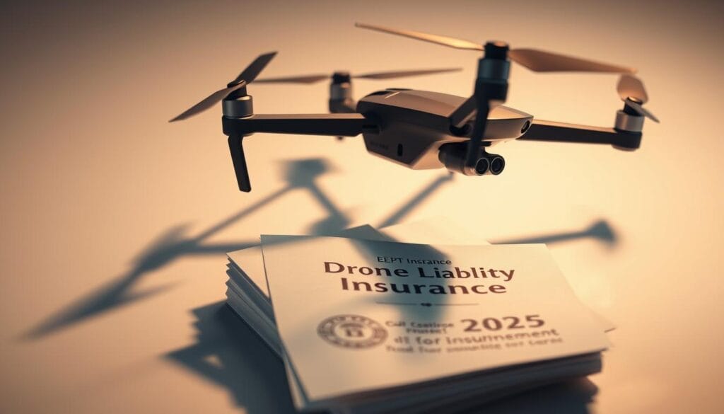 A detailed aerial shot of a drone hovered mid-flight, casting a sharp shadow on a pristine white background. The drone features state-of-the-art sensors and a sleek, angular design in glossy black. In the foreground, a stack of insurance documents with a prominent "Drone Liability Insurance" seal takes center stage, conveying a sense of security and responsibility. Soft, warm lighting illuminates the scene, creating a professional, high-tech atmosphere. The composition emphasizes the importance of comprehensive insurance coverage for drone operations, a crucial consideration for commercial use in the year 2025. A detailed aerial shot of a drone hovered mid-flight, casting a sharp shadow on a pristine white background. The drone features state-of-the-art sensors and a sleek, angular design in glossy black. In the foreground, a stack of insurance documents with a prominent "Drone Liability Insurance" seal takes center stage, conveying a sense of security and responsibility. Soft, warm lighting illuminates the scene, creating a professional, high-tech atmosphere. The composition emphasizes the importance of comprehensive insurance coverage for drone operations, a crucial consideration for commercial use in the year 2025.