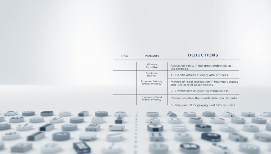 A detailed analysis of tax credits versus deductions for small businesses in 2025. A clean, minimalist infographic layout on a white background, with soft lighting and a subtle depth of field. In the foreground, a grid of icons representing various tax credit categories - R&D, employee training, energy efficiency, etc. In the middle ground, two columns displaying the key differences between credits and deductions in terms of eligibility, calculation, and impact on tax liability. The background features faint financial charts and graphs, hinting at the data-driven nature of the analysis. An authoritative, educational tone that informs and empowers small business owners. A detailed analysis of tax credits versus deductions for small businesses in 2025. A clean, minimalist infographic layout on a white background, with soft lighting and a subtle depth of field. In the foreground, a grid of icons representing various tax credit categories - R&D, employee training, energy efficiency, etc. In the middle ground, two columns displaying the key differences between credits and deductions in terms of eligibility, calculation, and impact on tax liability. The background features faint financial charts and graphs, hinting at the data-driven nature of the analysis. An authoritative, educational tone that informs and empowers small business owners.
