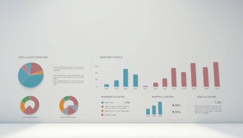 A detailed and visually striking illustration of asset allocation models for retirement planning. Depicted as a clean, minimalist infographic against a neutral background, showcasing different portfolio compositions and investment strategies. The foreground features distinct pie charts and bar graphs, meticulously rendered in a professional, data-driven style. The middle ground contains subtle textual labels and numerical breakdowns, conveying key financial concepts. Lighting is soft and even, creating a serene, authoritative atmosphere. The overall scene is captured from a slight high angle, lending an air of thoughtful, expert analysis. This image effectively communicates the technical and analytical nature of retirement asset allocation considerations. A detailed and visually striking illustration of asset allocation models for retirement planning. Depicted as a clean, minimalist infographic against a neutral background, showcasing different portfolio compositions and investment strategies. The foreground features distinct pie charts and bar graphs, meticulously rendered in a professional, data-driven style. The middle ground contains subtle textual labels and numerical breakdowns, conveying key financial concepts. Lighting is soft and even, creating a serene, authoritative atmosphere. The overall scene is captured from a slight high angle, lending an air of thoughtful, expert analysis. This image effectively communicates the technical and analytical nature of retirement asset allocation considerations.