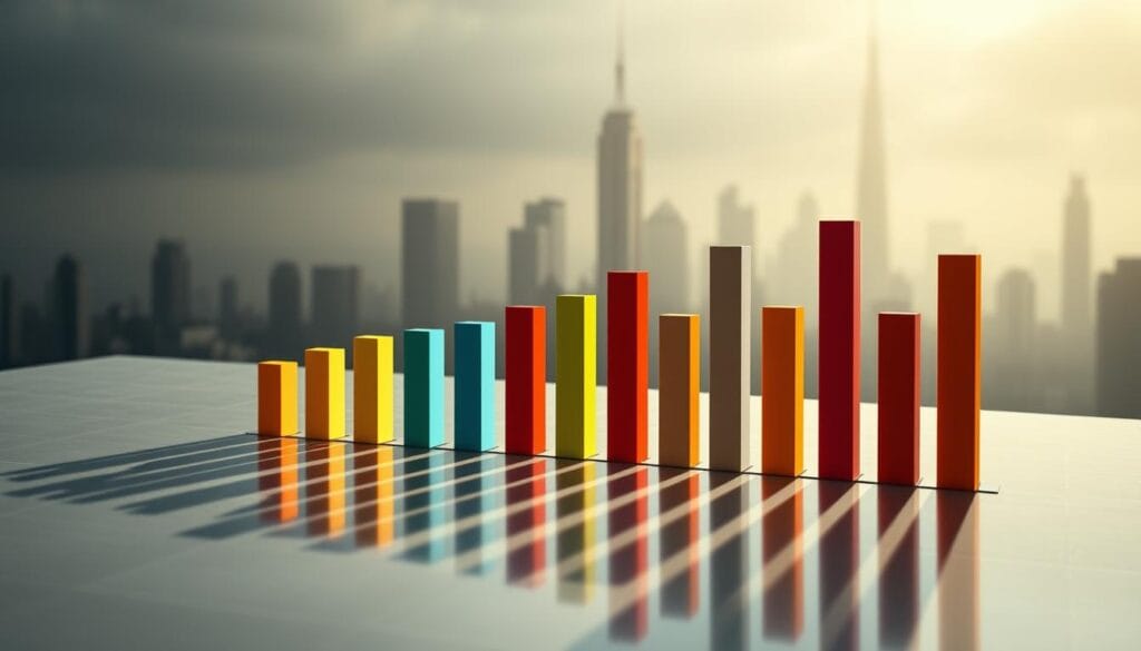 A detailed bar chart depicting the cost analysis of cyber insurance coverage in a sleek, minimalist style. The foreground features various colored bars representing different insurance tiers, their heights indicating relative premiums. The middle ground showcases a polished, reflective surface, casting subtle shadows that convey a sense of depth and dimensionality. The background is a muted, futuristic cityscape, hinting at the digital landscape cyber insurance aims to protect. Soft, directional lighting from the left casts subtle highlights, creating a sense of depth and emphasizing the data visualization. The overall mood is one of sophistication, practicality, and technological advancement, befitting the subject matter.