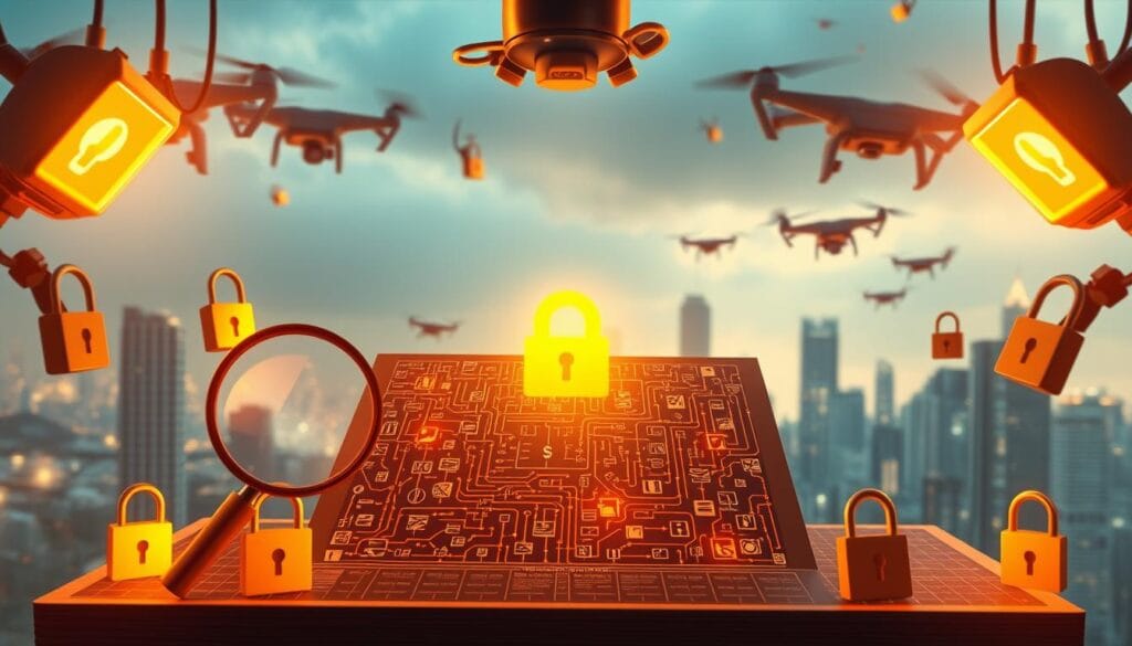 A detailed blockchain ledger filled with security icons, surrounded by magnifying glasses, padlocks, and security cameras, all illuminated by a warm, amber lighting creating a sense of trust and reliability. The foreground features a central, intricate blockchain diagram with various nodes, blocks, and cryptographic symbols, while the background showcases a futuristic city skyline with skyscrapers and hovering drones, representing the advanced technology powering this secure financial infrastructure. The overall composition conveys the robust security measures and efficiency inherent in blockchain-based loan systems.