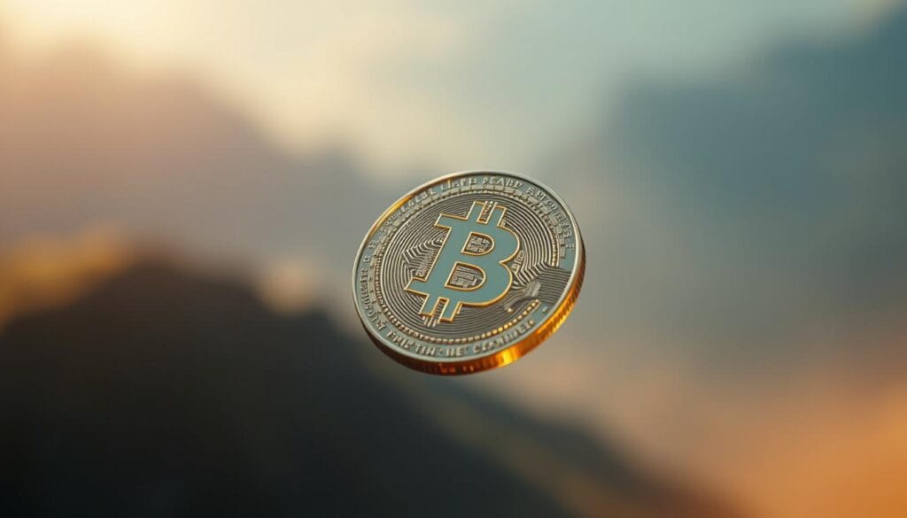 A detailed close-up view of a digital token representing a physical commodity, such as gold or oil, floating in a serene, softly-lit environment. The token is rendered with a high level of realism, capturing the intricate facets and metallic sheen. The background features a blurred, gradient-based landscape, evoking a sense of depth and emphasizing the token's central focus. Gentle, warm lighting from an off-camera source casts subtle shadows, adding depth and dimension to the scene. The overall mood is one of tranquility and technological sophistication, reflecting the seamless integration of physical assets and digital representation.