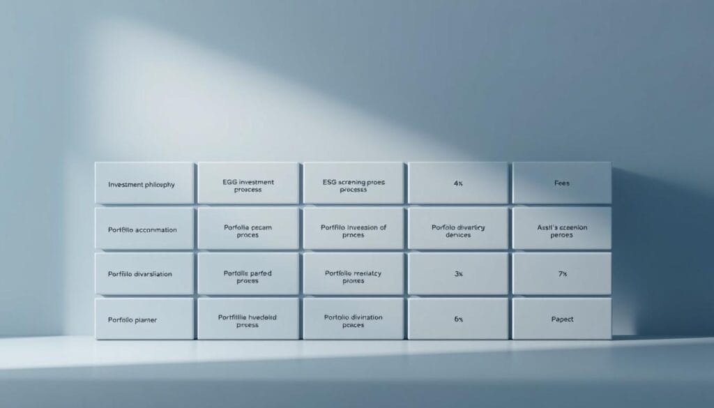 A detailed comparison chart showcasing key criteria for evaluating ESG robo-advisors, rendered in a clean, minimalist style. The foreground features a grid of square tiles, each highlighting a distinct metric such as investment philosophy, ESG screening process, portfolio diversification, and fees. The tiles are positioned against a subdued, gradient-based background, creating a sense of depth and focus. Soft, directional lighting accentuates the sleek, modern aesthetic, while the overall composition conveys a professional, analytical tone suitable for the article's subject matter.