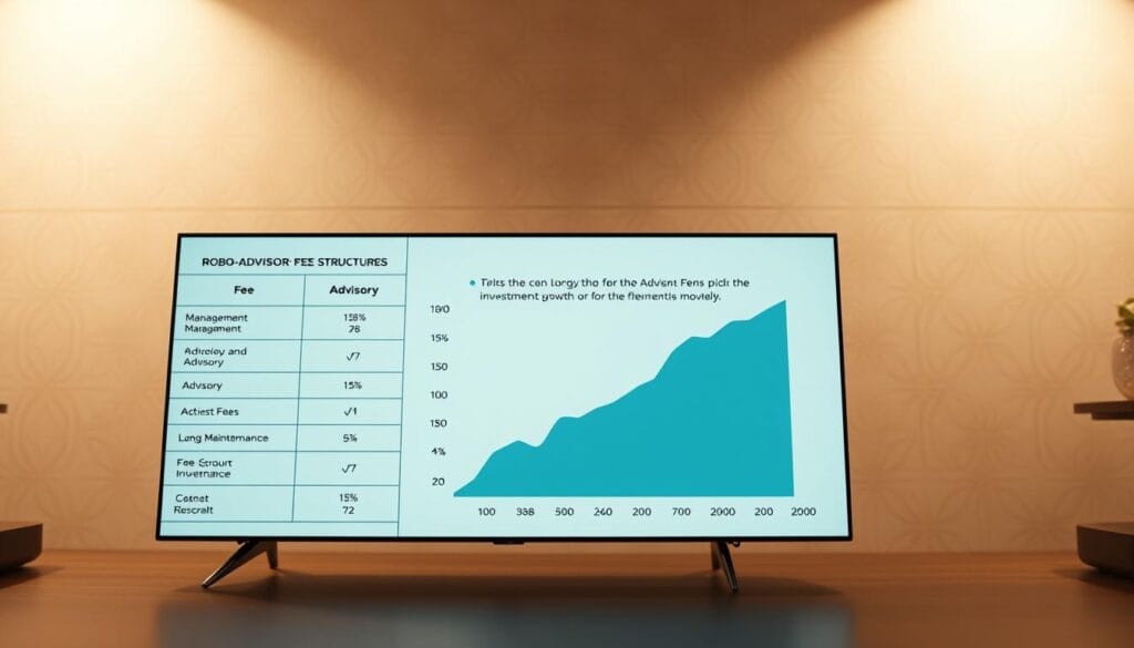 A detailed comparison of different robo-advisor fee structures, presented in a clean, informative format. The foreground displays a side-by-side breakdown of common fees like management, advisory, and account maintenance, with clear visual cues to differentiate the options. The middle ground showcases a dynamic graph highlighting the impact of fees on long-term investment growth, drawing the viewer's attention to the importance of minimizing costs. The background features a subtle, elegant pattern that complements the overall financial theme, creating a professional, trustworthy atmosphere. Soft, warm lighting and a crisp, high-resolution lens capture the essence of this crucial investment decision-making tool.