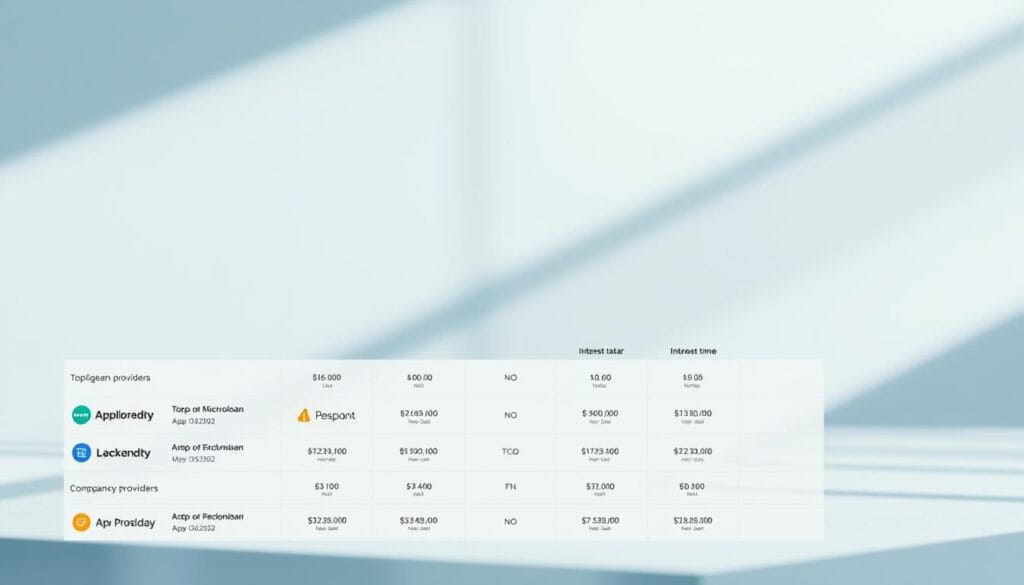 A detailed comparison of emergency loan lenders, presented in a modern, minimalist style. In the foreground, a clean grid layout showcases key details about top microloan providers - their logos, interest rates, turnaround times, and customer ratings. The middle ground features sleek, simplified icons and infographic elements to visually communicate the lending process. The background has a soft, blurred gradient in soothing blues and grays, creating a professional, trustworthy atmosphere. Balanced lighting from the side casts subtle shadows, emphasizing the informative layout. The overall composition is sharp, elegant, and optimized to clearly illustrate the subject of emergency loan lender comparison.