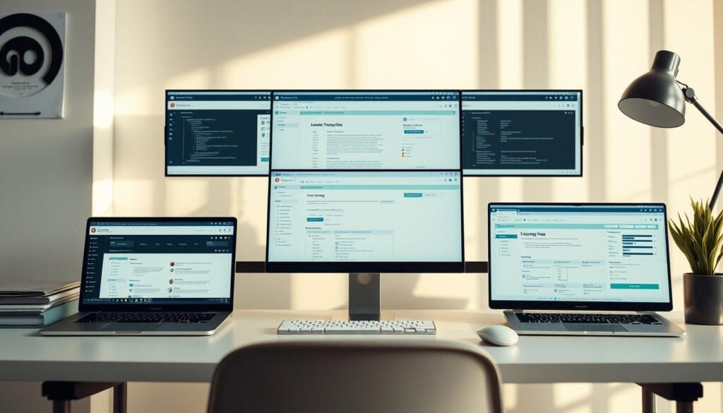 A detailed comparison of leading tax software features displayed on a sleek, minimalist office desk. Crisp, high-resolution images of the software interfaces arranged in a grid layout, showcasing their functionality and user experience. Warm, natural lighting casts a soft glow across the scene, creating a sense of professionalism and productivity. The desktop is meticulously organized, with clean lines and a subtle color palette that complements the digital elements. Careful camera angles and depth of field ensure the software details are the focal point, inviting the viewer to closely examine and compare the offered capabilities.