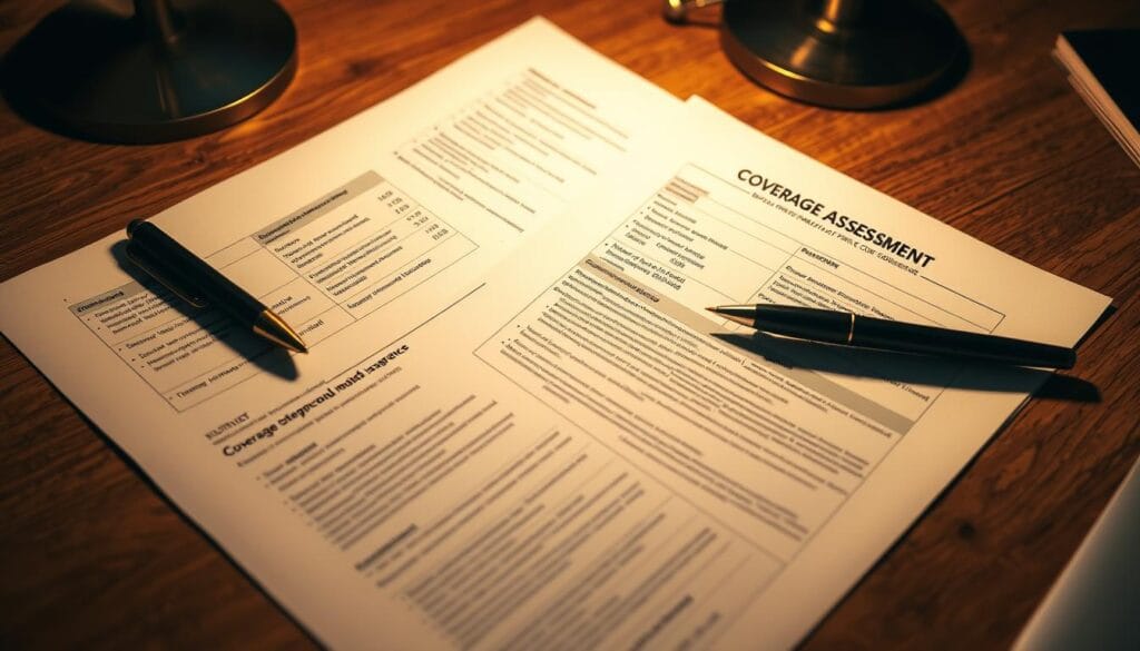A detailed coverage assessment insurance policy document laid out on a wooden desk, illuminated by warm overhead lighting. The pages display charts, graphs, and tables outlining policy benefits, coverage limits, and deductible information. A pen rests next to the open document, suggesting a thoughtful evaluation of the policy's provisions. The background is slightly blurred, keeping the policy details in sharp focus, conveying the importance of thoroughly understanding one's insurance coverage. A detailed coverage assessment insurance policy document laid out on a wooden desk, illuminated by warm overhead lighting. The pages display charts, graphs, and tables outlining policy benefits, coverage limits, and deductible information. A pen rests next to the open document, suggesting a thoughtful evaluation of the policy's provisions. The background is slightly blurred, keeping the policy details in sharp focus, conveying the importance of thoroughly understanding one's insurance coverage.