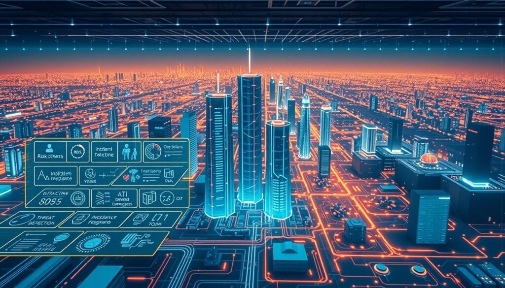 A detailed cybersecurity program framework set against a sleek, futuristic backdrop. In the foreground, a series of interconnected modules represent key components such as risk assessment, threat detection, incident response, and compliance management. The midground features a network of dynamic data visualizations, security dashboards, and AI-powered analytics tools. In the background, a cityscape of towering data centers, glowing cyber defense arrays, and a vast, interconnected grid of encrypted communication channels. Crisp, high-contrast lighting emphasizes the technical sophistication and strategic organization of this comprehensive cybersecurity solution. The overall mood is one of robust, proactive protection in the face of evolving digital threats.