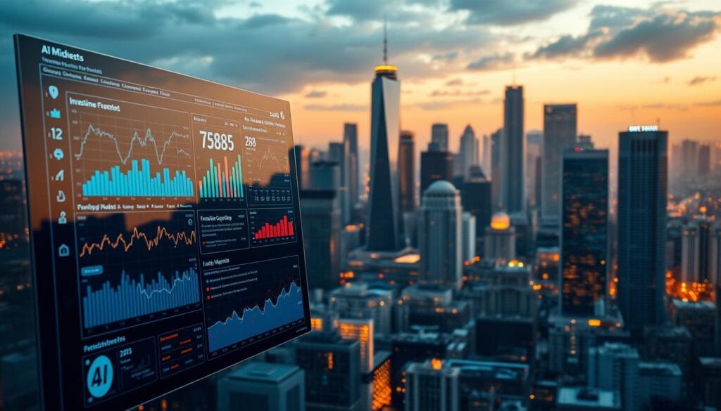 A detailed, data-driven visualization of AI-powered investment risk assessment trends in 2025. The foreground depicts a sleek, futuristic dashboard displaying real-time analytics, financial metrics, and predictive models. The middle ground showcases interactive data visualizations, charts, and graphs illustrating the latest advancements in AI-driven portfolio optimization, risk mitigation, and market forecasting. The background features a cityscape with towering skyscrapers, reflecting the integration of AI into the financial landscape. The scene is illuminated by a warm, golden light, conveying a sense of innovation, sophistication, and confidence in the future of AI-enhanced investment strategies. A detailed, data-driven visualization of AI-powered investment risk assessment trends in 2025. The foreground depicts a sleek, futuristic dashboard displaying real-time analytics, financial metrics, and predictive models. The middle ground showcases interactive data visualizations, charts, and graphs illustrating the latest advancements in AI-driven portfolio optimization, risk mitigation, and market forecasting. The background features a cityscape with towering skyscrapers, reflecting the integration of AI into the financial landscape. The scene is illuminated by a warm, golden light, conveying a sense of innovation, sophistication, and confidence in the future of AI-enhanced investment strategies.