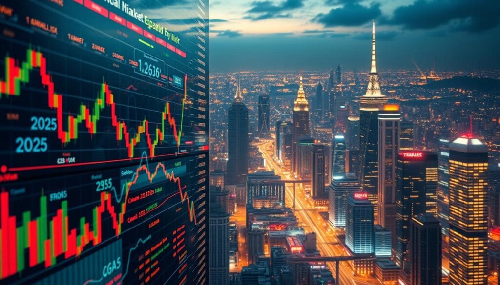 A detailed, data-driven visualization of evolving financial trends in 2025. Foreground features dynamic stock market graphs, candlestick charts, and economic indicators projecting growth and volatility. Middle ground showcases the global trade network, supply chains, and emerging market hubs. Background depicts a futuristic cityscape bathed in warm lighting, hinting at technological innovation and prosperity. The overall composition conveys a sense of optimism and opportunity amidst the complexities of the modern investment landscape. A detailed, data-driven visualization of evolving financial trends in 2025. Foreground features dynamic stock market graphs, candlestick charts, and economic indicators projecting growth and volatility. Middle ground showcases the global trade network, supply chains, and emerging market hubs. Background depicts a futuristic cityscape bathed in warm lighting, hinting at technological innovation and prosperity. The overall composition conveys a sense of optimism and opportunity amidst the complexities of the modern investment landscape.