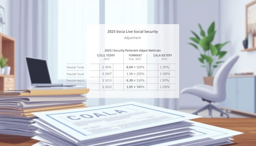 A detailed digital illustration of a 2025 Social Security adjustment announcement. In the foreground, a stack of official government documents and envelopes, conveying a sense of important financial paperwork. In the middle ground, a carefully formatted COLA (Cost-of-Living Adjustment) chart, with numerical data and percentage changes. The background depicts a modern, minimalist home office setting, with a laptop, ergonomic chair, and tasteful decor, suggesting a remote worker's environment. The lighting is soft and diffused, creating a professional, informative atmosphere. The overall tone is one of thoughtful preparation and attention to detail, reflecting the importance of understanding Social Security updates for retirement planning. A detailed digital illustration of a 2025 Social Security adjustment announcement. In the foreground, a stack of official government documents and envelopes, conveying a sense of important financial paperwork. In the middle ground, a carefully formatted COLA (Cost-of-Living Adjustment) chart, with numerical data and percentage changes. The background depicts a modern, minimalist home office setting, with a laptop, ergonomic chair, and tasteful decor, suggesting a remote worker's environment. The lighting is soft and diffused, creating a professional, informative atmosphere. The overall tone is one of thoughtful preparation and attention to detail, reflecting the importance of understanding Social Security updates for retirement planning.