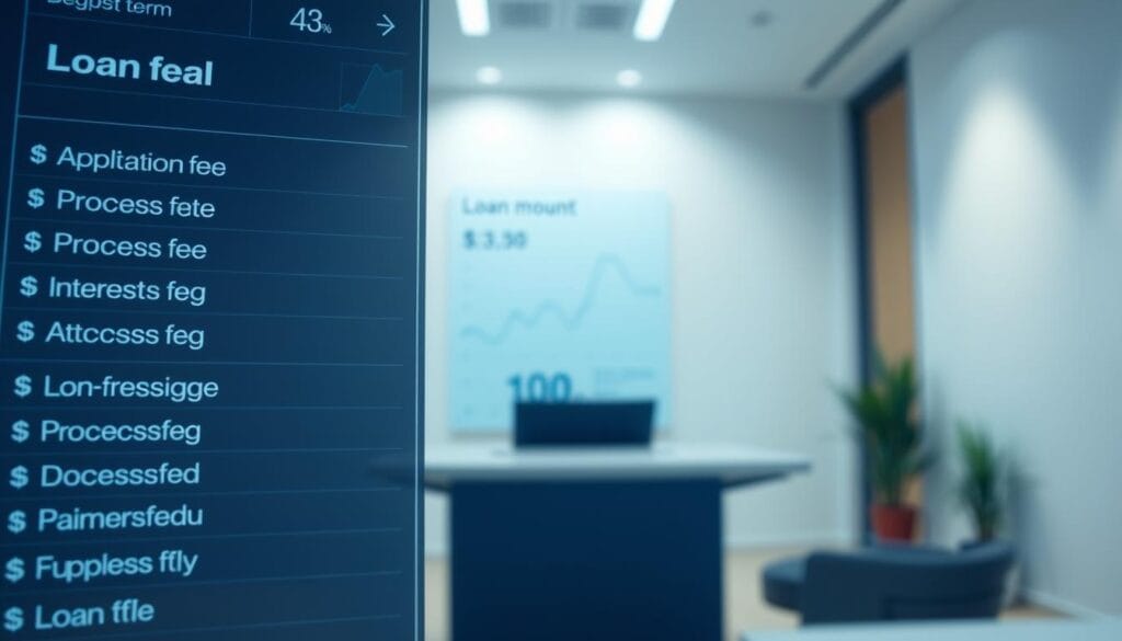 A detailed financial breakdown of loan fees and costs, displayed on a digital dashboard or spreadsheet-like interface. The foreground shows line items for application fee, processing fee, interest rate, and other potential charges, all presented in a clear, organized manner. The middle ground features a visual representation of the loan amount, loan term, and monthly payment schedule. The background depicts a neutral, minimalist office or business setting, with clean lines and soft lighting to convey a sense of professionalism and reliability. The overall mood is one of transparency, clarity, and attention to detail, reflecting the importance of understanding the true cost of a loan.