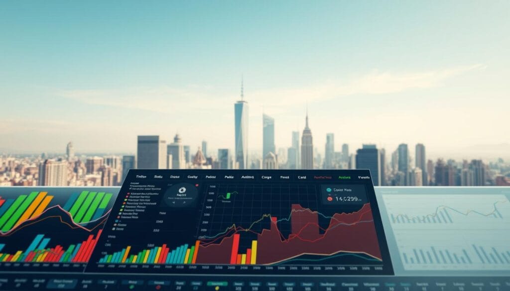 A detailed financial chart illustrates various investment diversification strategies. The foreground features an array of colorful bars and lines representing different asset classes like stocks, bonds, real estate, and cryptocurrency. The middle ground shows a sophisticated dashboard with interactive controls, analytics, and risk/return projections. In the background, a tranquil cityscape with skyscrapers and a clear sky creates a sense of stability and long-term growth. The lighting is soft and even, with gentle shadows adding depth and dimensionality. The camera angle is slightly elevated, giving the viewer a bird's-eye perspective on the investment landscape. A detailed financial chart illustrates various investment diversification strategies. The foreground features an array of colorful bars and lines representing different asset classes like stocks, bonds, real estate, and cryptocurrency. The middle ground shows a sophisticated dashboard with interactive controls, analytics, and risk/return projections. In the background, a tranquil cityscape with skyscrapers and a clear sky creates a sense of stability and long-term growth. The lighting is soft and even, with gentle shadows adding depth and dimensionality. The camera angle is slightly elevated, giving the viewer a bird's-eye perspective on the investment landscape.