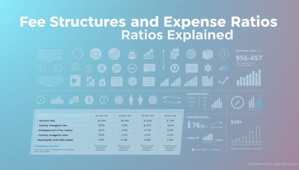 A detailed financial infographic depicting the "Fee Structures and Expense Ratios Explained" section. In the foreground, a detailed chart showcases various fee components such as advisory fees, management fees, and expense ratios, with clear labels and data visualizations. In the middle ground, an array of financial icons, graphs, and charts provide supplementary information. The background features a subtle gradient in calming tones of blue and gray, creating a professional and authoritative atmosphere. The lighting is soft and even, with a slightly warm tone to convey a sense of trustworthiness and expertise. The composition is balanced and centered, drawing the viewer's attention to the key information. A detailed financial infographic depicting the "Fee Structures and Expense Ratios Explained" section. In the foreground, a detailed chart showcases various fee components such as advisory fees, management fees, and expense ratios, with clear labels and data visualizations. In the middle ground, an array of financial icons, graphs, and charts provide supplementary information. The background features a subtle gradient in calming tones of blue and gray, creating a professional and authoritative atmosphere. The lighting is soft and even, with a slightly warm tone to convey a sense of trustworthiness and expertise. The composition is balanced and centered, drawing the viewer's attention to the key information.