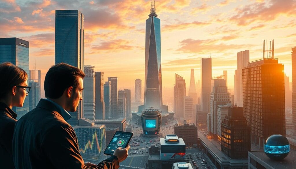 A detailed, futuristic cityscape with a prominent tower in the center, representing the pinnacle of AI-powered financial forecasting in 2025. In the foreground, a team of analysts reviewing holographic data displays, their faces illuminated by the glow of the screens. In the middle ground, a bustling financial district with sleek, glass skyscrapers and autonomous vehicles navigating the streets. The background is a vibrant, neon-tinged sky, hinting at the technological advancements that have transformed the world of finance. The scene is bathed in a warm, golden light, conveying a sense of progress and prosperity. The overall mood is one of innovation, efficiency, and confidence in the future of AI-driven financial forecasting. A detailed, futuristic cityscape with a prominent tower in the center, representing the pinnacle of AI-powered financial forecasting in 2025. In the foreground, a team of analysts reviewing holographic data displays, their faces illuminated by the glow of the screens. In the middle ground, a bustling financial district with sleek, glass skyscrapers and autonomous vehicles navigating the streets. The background is a vibrant, neon-tinged sky, hinting at the technological advancements that have transformed the world of finance. The scene is bathed in a warm, golden light, conveying a sense of progress and prosperity. The overall mood is one of innovation, efficiency, and confidence in the future of AI-driven financial forecasting.