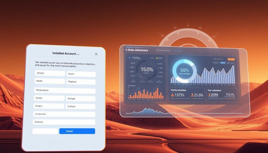 A detailed, futuristic illustration of an automated account setup process for a robo-advisor. The foreground features a sleek, minimalist user interface with seamless form fields and intuitive navigation. The middle ground showcases a data visualization dashboard, displaying portfolio performance metrics and personalized investment recommendations. The background depicts an abstract, tech-inspired landscape with glowing holographic elements, conveying a sense of advanced, AI-driven financial technology. Warm, soft lighting creates a calming, approachable atmosphere, while clean, modern aesthetics reflect the efficiency and sophistication of the robo-advisor's automated account setup experience. A detailed, futuristic illustration of an automated account setup process for a robo-advisor. The foreground features a sleek, minimalist user interface with seamless form fields and intuitive navigation. The middle ground showcases a data visualization dashboard, displaying portfolio performance metrics and personalized investment recommendations. The background depicts an abstract, tech-inspired landscape with glowing holographic elements, conveying a sense of advanced, AI-driven financial technology. Warm, soft lighting creates a calming, approachable atmosphere, while clean, modern aesthetics reflect the efficiency and sophistication of the robo-advisor's automated account setup experience.