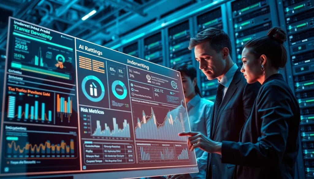 A detailed, futuristic scene of an AI-driven underwriting model in action. In the foreground, a sleek, transparent dashboard displays an array of data points and risk metrics, reflecting the hyper-personalized nature of the assessment. The middle ground features a team of analysts intently studying the dashboard, their expressions a mix of concentration and technological wonder. In the background, a towering wall of interconnected servers hums with the processing power required to drive this advanced underwriting system. The scene is bathed in a cool, blue-tinted lighting, evoking a sense of cutting-edge innovation and the precision of the AI-driven process. The overall atmosphere conveys the transformative power of these new underwriting models in shaping the future of the insurance industry. A detailed, futuristic scene of an AI-driven underwriting model in action. In the foreground, a sleek, transparent dashboard displays an array of data points and risk metrics, reflecting the hyper-personalized nature of the assessment. The middle ground features a team of analysts intently studying the dashboard, their expressions a mix of concentration and technological wonder. In the background, a towering wall of interconnected servers hums with the processing power required to drive this advanced underwriting system. The scene is bathed in a cool, blue-tinted lighting, evoking a sense of cutting-edge innovation and the precision of the AI-driven process. The overall atmosphere conveys the transformative power of these new underwriting models in shaping the future of the insurance industry.
