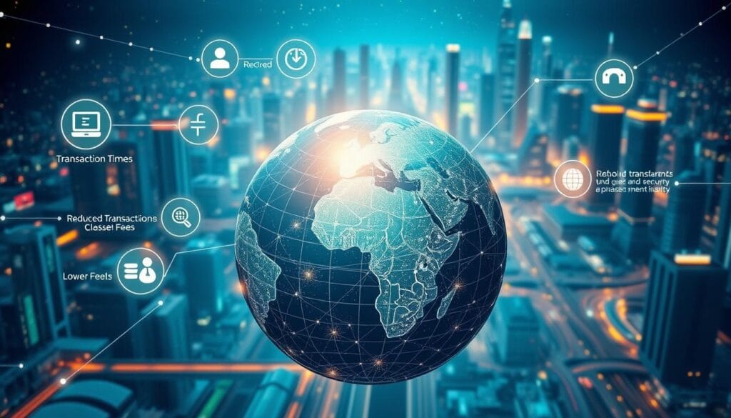 A detailed, high-resolution digital illustration showcasing the key benefits of blockchain in global transactions. In the foreground, a stylized globe depicting interconnected continents and financial centers, surrounded by shimmering data streams and blockchain icons. In the middle ground, abstract representations of reduced transaction times, lower fees, increased transparency, and enhanced security. In the background, a vibrant, futuristic cityscape with skyscrapers and transport networks, symbolic of the modernized global financial infrastructure. The image should convey a sense of innovation, efficiency, and technological progress, with a sleek, minimalist aesthetic and a color palette of cool blues, greens, and metallic accents. A detailed, high-resolution digital illustration showcasing the key benefits of blockchain in global transactions. In the foreground, a stylized globe depicting interconnected continents and financial centers, surrounded by shimmering data streams and blockchain icons. In the middle ground, abstract representations of reduced transaction times, lower fees, increased transparency, and enhanced security. In the background, a vibrant, futuristic cityscape with skyscrapers and transport networks, symbolic of the modernized global financial infrastructure. The image should convey a sense of innovation, efficiency, and technological progress, with a sleek, minimalist aesthetic and a color palette of cool blues, greens, and metallic accents.
