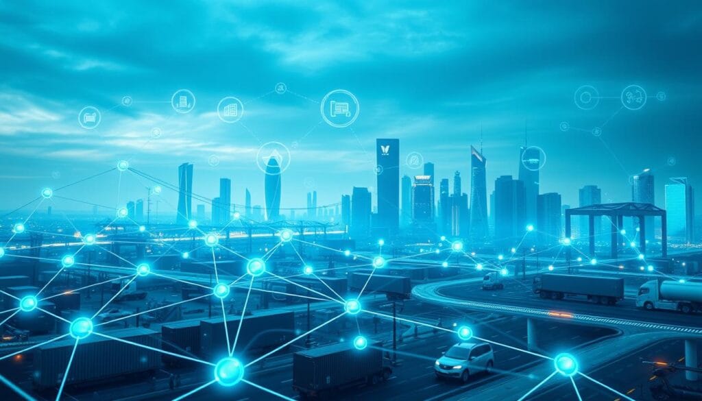 A detailed, high-resolution image of a blockchain-powered supply chain finance ecosystem. In the foreground, a network of connected nodes represents different stakeholders such as suppliers, banks, logistics providers, and regulators, all seamlessly sharing data and executing transactions on a distributed ledger. In the middle ground, visualization of smart contracts, digital assets, and real-time tracking of shipments and payments. In the background, a futuristic cityscape with skyscrapers and autonomous vehicles, symbolizing the integration of this ecosystem into the broader financial and logistical infrastructure. The scene is bathed in a cool, blue-hued lighting, conveying a sense of trust, efficiency, and technological sophistication. A detailed, high-resolution image of a blockchain-powered supply chain finance ecosystem. In the foreground, a network of connected nodes represents different stakeholders such as suppliers, banks, logistics providers, and regulators, all seamlessly sharing data and executing transactions on a distributed ledger. In the middle ground, visualization of smart contracts, digital assets, and real-time tracking of shipments and payments. In the background, a futuristic cityscape with skyscrapers and autonomous vehicles, symbolizing the integration of this ecosystem into the broader financial and logistical infrastructure. The scene is bathed in a cool, blue-hued lighting, conveying a sense of trust, efficiency, and technological sophistication.