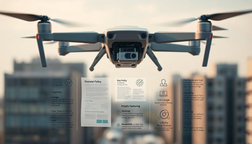 A detailed, high-resolution image of drone policy features for hobbyist drone users in 2025. The foreground depicts a sleek, modern drone suspended in mid-air, its intricate components and sensors visible. The middle ground showcases a series of policy documents, icons, and infographic elements illustrating key coverage details, liability limits, and other important policy features. The background features a softly blurred cityscape, suggesting the urban environment where hobbyist drone use is prevalent. The lighting is crisp and natural, with subtle shadows and highlights accentuating the technical details. The overall mood is professional, informative, and designed to convey a sense of security and confidence in the drone insurance options available to hobbyists.