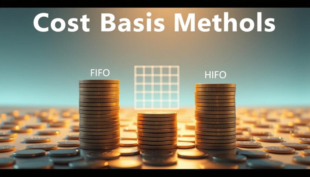 A detailed illustration of "Cost Basis Methods" captured in a high-resolution digital painting. In the foreground, three distinct stacks of coins represent the FIFO (First-In, First-Out), LIFO (Last-In, First-Out), and HIFO (Highest-In, First-Out) cost basis methods. Each stack is rendered with a unique texture and lighting to convey their individual characteristics. The middle ground features a minimalist grid-like structure, subtly hinting at the mathematical and analytical nature of these financial concepts. The background depicts a serene, softly-lit gradient, creating a sense of depth and focus on the central elements. The overall composition aims to balance the technical aspects of cost basis with a visually appealing and conceptual aesthetic.