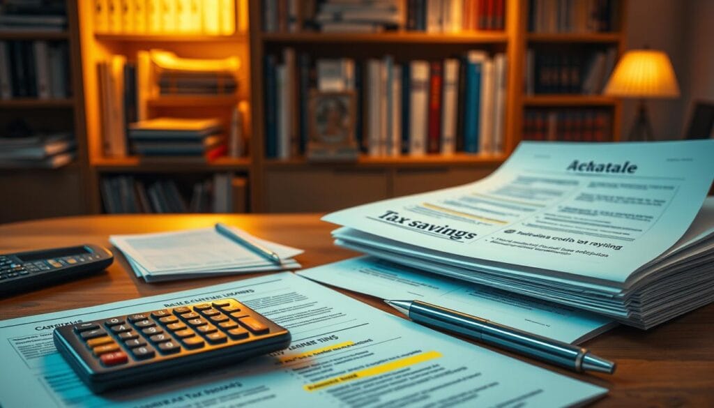 A detailed illustration of actionable tax savings steps for retirement income in 2025. A well-lit, realistic scene depicting a stack of documents, a calculator, and a pen on a wooden desk. In the background, a bookshelf filled with financial publications casts a warm glow. The foreground showcases various financial documents with highlighted sections, representing tax-saving strategies such as retirement account contributions, tax-loss harvesting, and charitable donations. The overall atmosphere conveys a sense of financial organization and diligence, guiding the viewer towards effective retirement income tax planning.