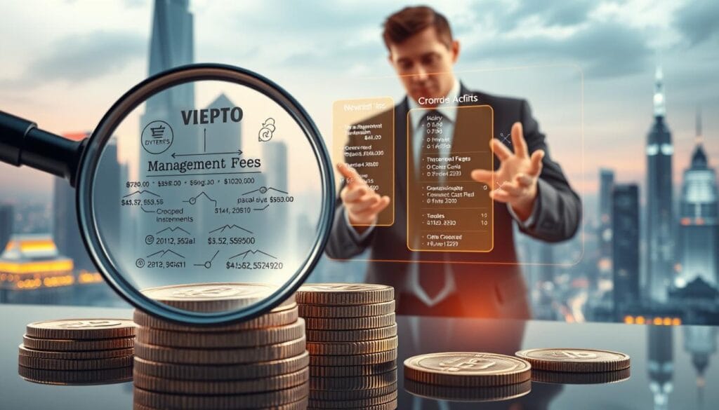 A detailed illustration of crypto advisory fees. In the foreground, a magnifying glass hovers over a stack of cryptocurrency coins, casting an analytical gaze upon the intricate web of fees associated with investing in digital assets. In the middle ground, a financial advisor in a sharp suit gestures towards a holographic display, explaining the nuanced breakdown of management fees, transaction costs, and other expenses. The background is a futuristic cityscape, with towering skyscrapers and a neon-tinged skyline, symbolizing the cutting-edge nature of the crypto industry. Soft, directional lighting illuminates the scene, creating a sense of transparency and clarity around the complex topic of crypto advisory fees.