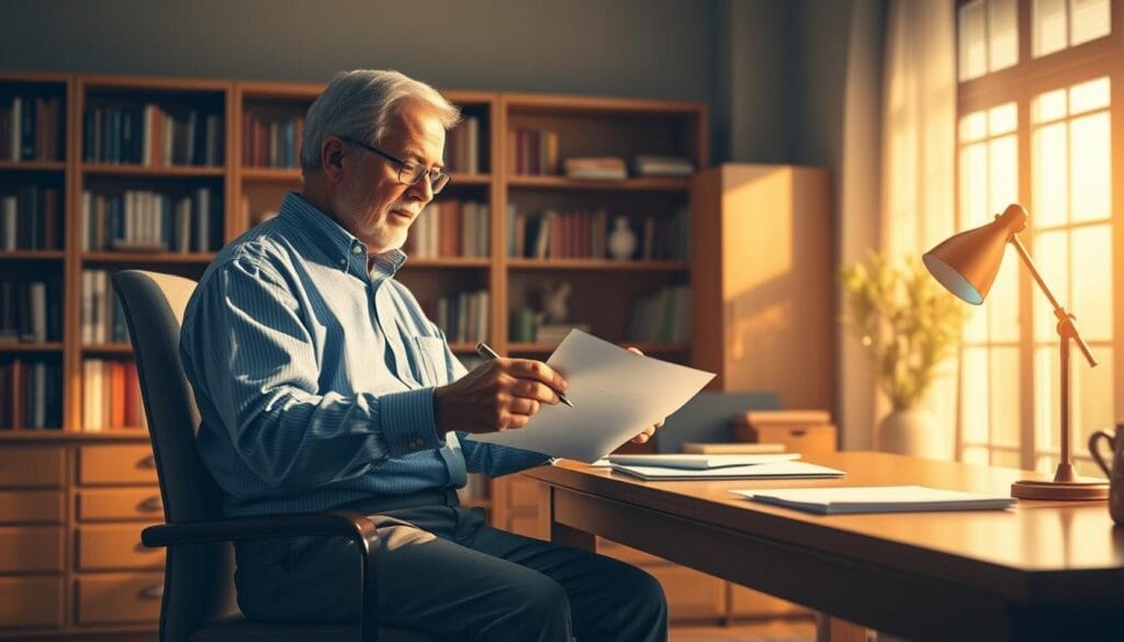 A detailed illustration of qualified charitable distributions, showcasing a retiree gracefully donating from their individual retirement account (IRA) to a non-profit organization. The scene is set in a warm, sunlit office, with a wooden desk and shelves filled with books in the background. The retiree, dressed in a crisp button-down shirt and slacks, is seated at the desk, carefully reviewing documents and signing a check to be delivered to the charitable institution. The lighting is soft and diffused, creating a sense of tranquility and thoughtfulness. The overall mood conveys the importance and significance of utilizing qualified charitable distributions as a tax-efficient strategy for early retirement planning.