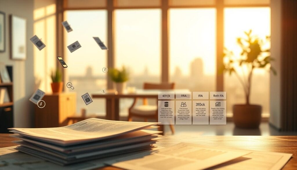 A detailed illustration of retirement account options, captured with a wide-angle lens in warm, natural lighting. In the foreground, various financial documents and investment icons float against a blurred background. The middle ground showcases different account types, such as 401(k), IRA, and Roth IRA, each represented by distinct visual cues. The background depicts a serene, minimalist office setting, with a wooden desk, a potted plant, and a large window overlooking a calm cityscape. The overall atmosphere conveys a sense of financial security, progress, and informed decision-making for young investors. A detailed illustration of retirement account options, captured with a wide-angle lens in warm, natural lighting. In the foreground, various financial documents and investment icons float against a blurred background. The middle ground showcases different account types, such as 401(k), IRA, and Roth IRA, each represented by distinct visual cues. The background depicts a serene, minimalist office setting, with a wooden desk, a potted plant, and a large window overlooking a calm cityscape. The overall atmosphere conveys a sense of financial security, progress, and informed decision-making for young investors.