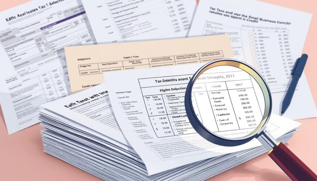 A detailed illustration of tax deductions and credits, against a crisp backdrop of financial documents and ledgers. In the foreground, a stack of tax forms and receipts, subtly illuminated to highlight key sections. In the middle ground, a magnifying glass hovers over a breakdown of eligible deductions and credits, conveying a sense of analysis and discovery. The background is a soft, neutral palette, allowing the financial elements to take center stage. The overall composition evokes a mood of organization, clarity, and a methodical approach to maximizing one's tax benefits as a small business owner. A detailed illustration of tax deductions and credits, against a crisp backdrop of financial documents and ledgers. In the foreground, a stack of tax forms and receipts, subtly illuminated to highlight key sections. In the middle ground, a magnifying glass hovers over a breakdown of eligible deductions and credits, conveying a sense of analysis and discovery. The background is a soft, neutral palette, allowing the financial elements to take center stage. The overall composition evokes a mood of organization, clarity, and a methodical approach to maximizing one's tax benefits as a small business owner.