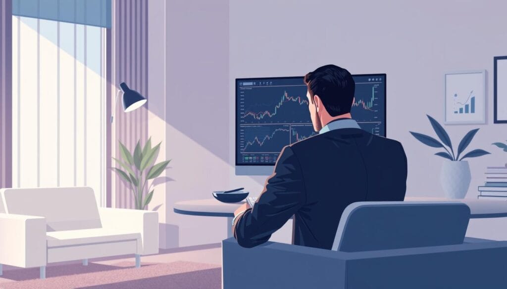 A detailed illustration of tax-loss harvesting strategies, depicting a financial advisor examining charts and graphs on a computer screen. The scene is set in a modern, well-lit office with sleek furniture and minimalist decor. Soft, directional lighting casts subtle shadows, creating depth and a sense of professionalism. The advisor, dressed in a tailored suit, is intently focused on the screen, representing the thoughtful process of optimizing a client's portfolio for tax advantages. The overall mood is one of expertise, diligence, and a commitment to financial well-being. A detailed illustration of tax-loss harvesting strategies, depicting a financial advisor examining charts and graphs on a computer screen. The scene is set in a modern, well-lit office with sleek furniture and minimalist decor. Soft, directional lighting casts subtle shadows, creating depth and a sense of professionalism. The advisor, dressed in a tailored suit, is intently focused on the screen, representing the thoughtful process of optimizing a client's portfolio for tax advantages. The overall mood is one of expertise, diligence, and a commitment to financial well-being.